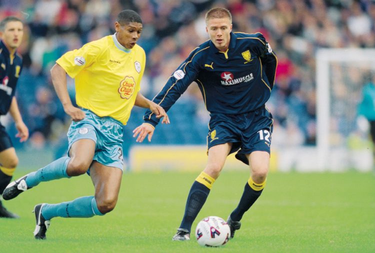 15 Sep 2001:  Trond Andersen of Wimbledon is closed down by Carlton Palmer of Sheffield Wednesday during the Nationwide League Division One match b...