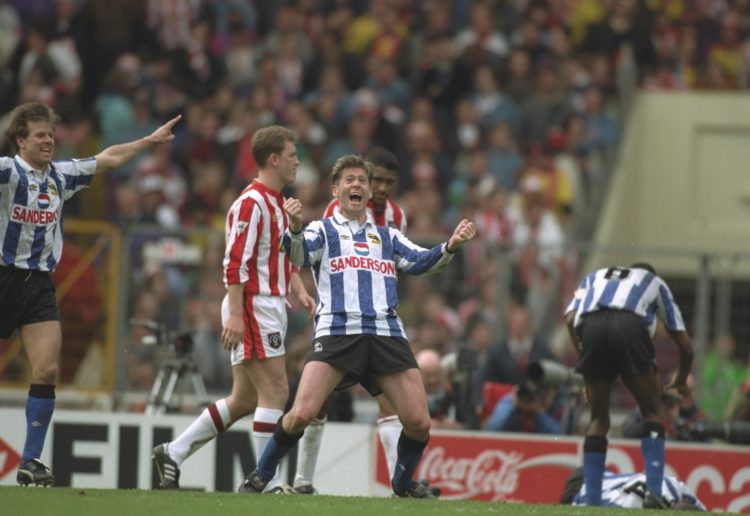 1993:  Chris Waddle (centre) of Sheffield Wednesday celebrates after their victory in the FA Cup semi-final against Sheffield United at Wembley Sta...