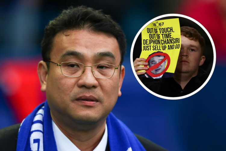 Dejphon Chansiri wearing a scarf, inset, a fan hold a Chansiri out banner